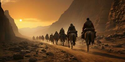 AI generated Arabian People Doing a Long Journey on Foot and Horseback. Generative AI photo