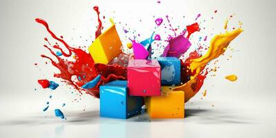 AI generated 3D and Colorful Cube with Paint Blast Isolated on White Background. Generative AI photo