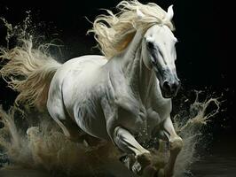 AI generated Strong White Horse Galloping with Water Splashes on Black Background. Generative AI photo