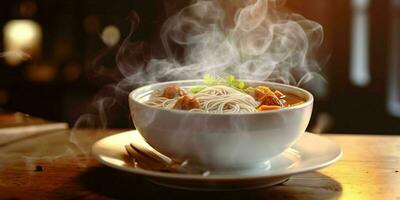 AI generated A Bowl of Hot Noodle Soup on Wooden Table. Generative AI photo