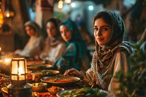 ai generado musulmán familia y amigos reunión durante Ramadán con delicioso platos en el mesa. iftar cena. generativo ai foto