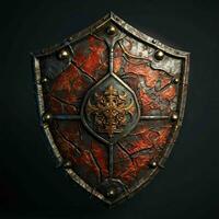 AI generated Rusty Medieval Shield with War Torn Effect Isolated on Black Background. Generative AI photo