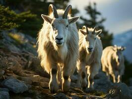 AI generated Herd of Mountain Goats on a Rocky Hill. Generative AI photo