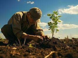 AI generated Close up of a man planting a tree or gardening. Generative AI photo