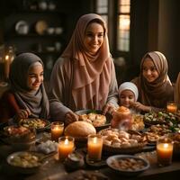 AI generated Muslim Family and Friends Gathering during Ramadan with Delicious Dishes on the Table. Iftar Dinner. Generative Ai photo
