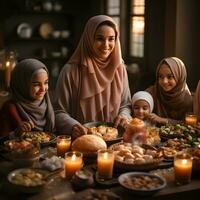 ai generado musulmán familia y amigos reunión durante Ramadán con delicioso platos en el mesa. iftar cena. generativo ai foto