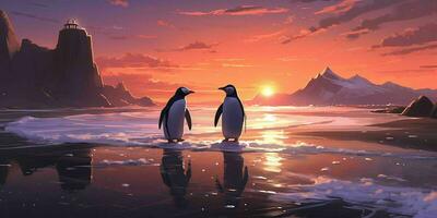 AI generated A Pair of Penguins Enjoy the Beauty of the Beach at Dusk. Penguin Couple. Generative AI photo