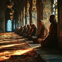 AI generated Muslim Man Praying at a Mosque with Sunlight Effect. Worshiping God. Generative AI photo