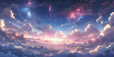 ai generado vistoso estrellado cielo con puesta de sol antecedentes en anime estilo. generativo ai foto