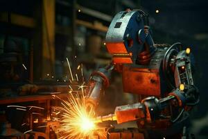 AI generated Industrial Robots at Work. Industrial Robots Doing Welding. Generative AI photo