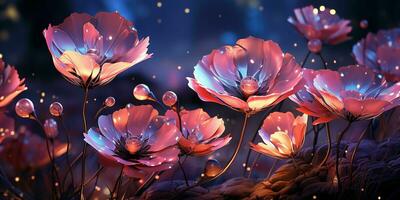 AI generated Beautiful Flowers Bloom with Shiny Light Effect. Generative AI photo