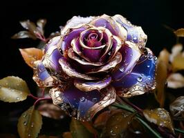 AI generated Purple and Gold Glass Rose Flower with Water Droplets on it Isolated on Black Background. Generative AI photo