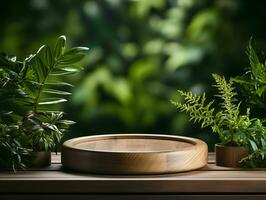 AI generated Wooden Product Display Podium with Nature Background. Natural Product Placement Pedestal Stand. Generative AI photo