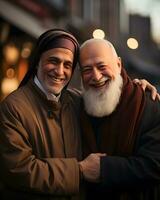 AI generated Portrait of Muslim Imam and Christian Priest Embracing Each Other. Generative Ai photo