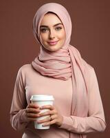 AI generated Beautiful muslim woman in pink hijab holding a cup of coffee. Generative Ai photo