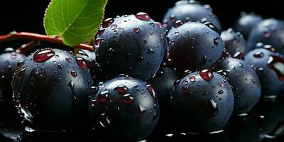 AI generated Fresh Acai Berry with Water Droplets Isolated on a Black Background. Euterpe oleracea. Generative AI photo