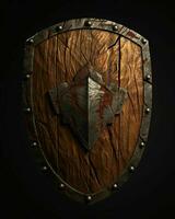 AI generated Medieval Wooden Shield with War Torn Mark. Generative AI photo