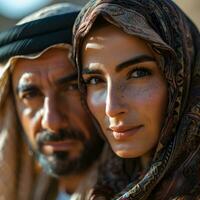 AI generated Portrait of a Middle Eastern Muslim Couple in Traditional Dress. Generative Ai photo