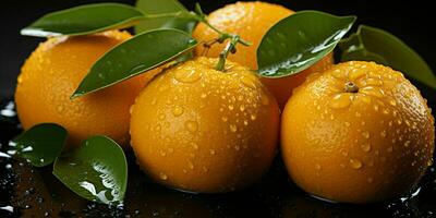 AI generated Fresh Oranges with Water Droplets Isolated on a Black Background. Generative AI photo