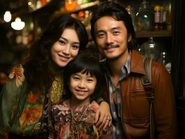 AI generated Portrait of a Small Happy Asian Family in Retro Fashion Style. Generative Ai photo