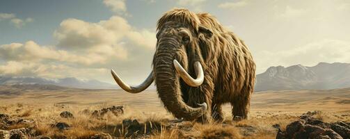 AI generated A Woolly Mammoth with Vast Pastures and Mountains Background. Generative AI photo