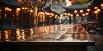 AI generated Empty Wooden Table with Blurred Ancient Chinese Town Background, Decorated with Hanging Lanterns. Generative Ai photo