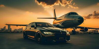 AI generated Luxury Car and Private Jet at the Airport. Business Class Service at the Airport. Generative AI photo