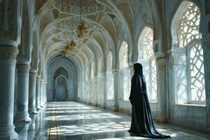 AI generated Muslimah with Niqab Walks in the Luxurious Interior of a Mosque. Muslim Women at Mosque. Generative AI photo