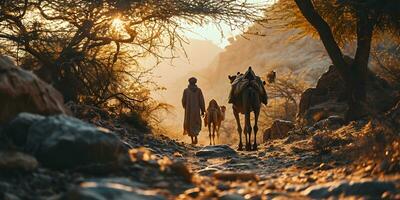 ai generado medio oriental hombre con su camellos en el Desierto a puesta de sol. generativo ai foto