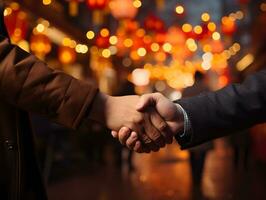 AI generated Handshake at Chinese New Year Festival with Blurred Lantern Light Background. Generative Ai photo