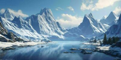 AI generated Illustration of a Large Snowy Mountain Landscape with a Lake Below. Winter Mountains. Generative AI photo