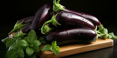 AI generated Fresh Eggplant with Water Droplets. Group of Aubergine. Generative AI photo