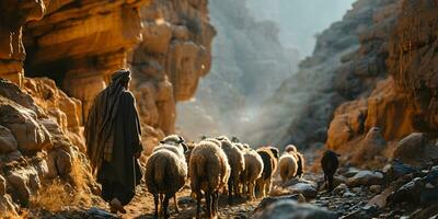 ai generado un medio oriental hombre manadas un rebaño de oveja en un Desierto Valle a puesta de sol. generativo ai foto