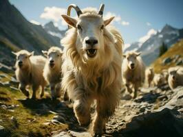 AI generated Herd of Mountain Goats on a Rocky Hill. Generative AI photo