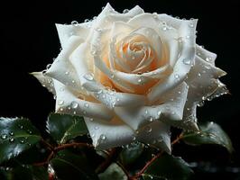 AI generated Blooming White Rose with Water Droplets on it Isolated on Black Background. Rose Close Up. Generative AI photo