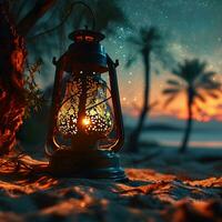 AI generated Arabic Lantern in the Desert at Sunset. Ramadan Kareem Background. Muslim Holy Month. Generative Ai photo