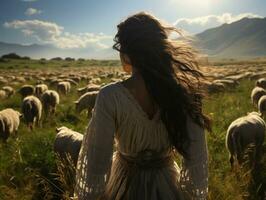 AI generated Beautiful Middle Eastern Woman Herding Goats and Sheep in the Field. A Shepherd Woman in the Pasture. Generative AI photo