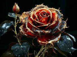 AI generated Red and Gold Glass Rose Flower with Water Droplets on it Isolated on Black Background. Generative AI photo