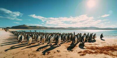 ai generado pingüino colonia en el playa con hermosa paisaje vista. generativo ai foto