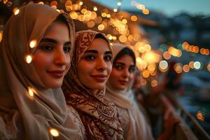 ai generado grupo de contento musulmán mujer vistiendo hijab tomando selfie con móvil teléfono a puesta de sol. generativo ai foto