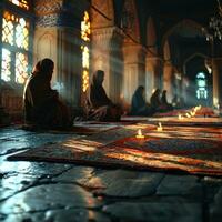 AI generated Muslim Man Praying at a Mosque with Sunlight Effect. Worshiping God. Generative AI photo