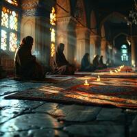 AI generated Muslim Man Praying at a Mosque with Sunlight Effect. Worshiping God. Generative AI photo