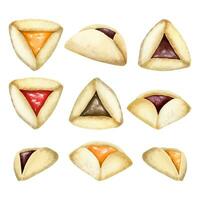 Purim Haman ears cookies, vector watercolor illustration set of traditional Jewish holiday hamantaschen dessert with different fillings.