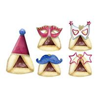 Funny Purim cookies design for Jewish holiday with masks, party hat and traditional props watercolor vector illustration