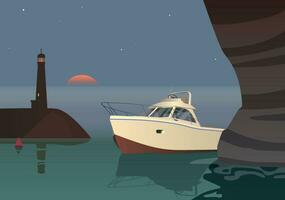 The yacht stands near the grotto against the backdrop of the lighthouse at sunset. Vector. vector