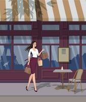 Girl with purchases against the background of the store. Vector. vector