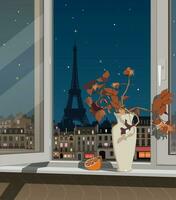 The still life stands on the windowsill against the backdrop of Paris at night. Vector. vector