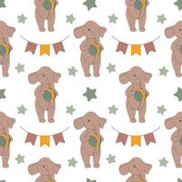 Seamless baby pattern. Cute elephant with a ball, stars and holiday flags. For clothing, wrapping paper, wallpaper, background. vector