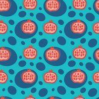 Seamless pomegranate pattern. Abstract ornament with red garnets and blue circles on a bright blue background. For menu design, textiles, wallpaper, wrapping paper vector