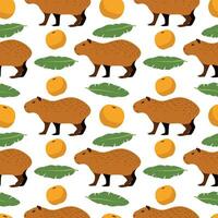 Seamless capybara pattern. Cute capybara, orange, tangerine and palm leaves. Baby pattern for clothes, wrapping paper, background vector